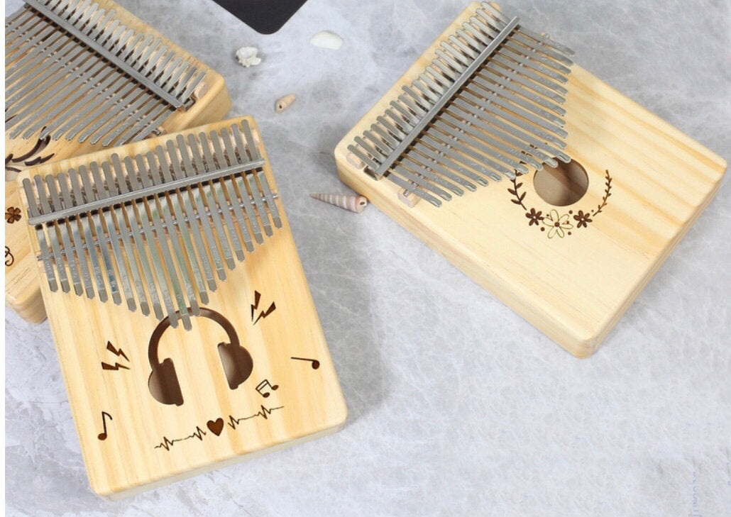 21 Key Pine Wood Kalimba Instrument with headphone and flowers wood engraving – Relaxation Studio